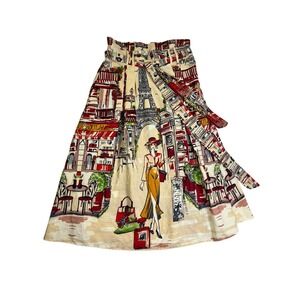 HER Destiny Paris Eiffel Tower Graphic Midi Skirt Pockets Belted Tan Small
